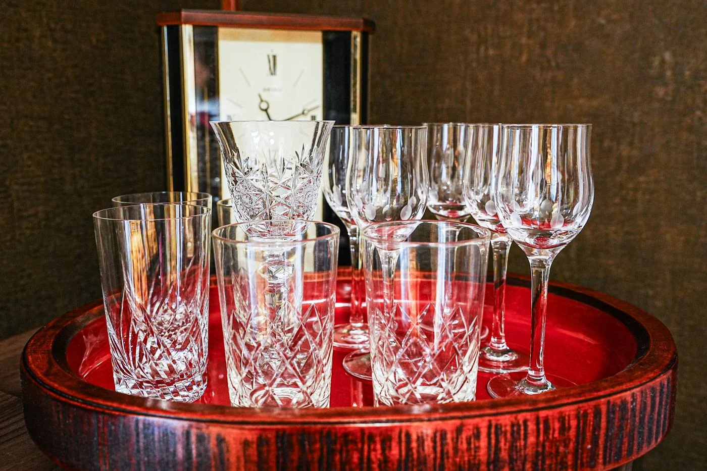 Glasses on a lacquered tray